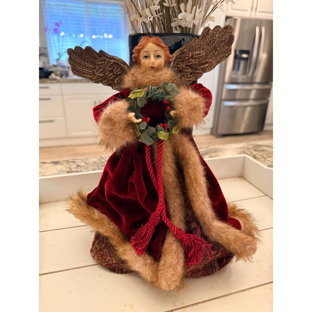 Elegant Angel Christmas Tree Topper‎ Velvet Fur Wreath Red Gold Wings vintage